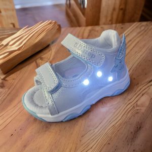 D.D.Step sandale din piele pentru fete, Silver cu Led.
