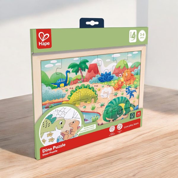 Puzzle Hape din lemn 2 in 1 – Dinozauri (26 piese), cu fata dubla si activitate colorare.