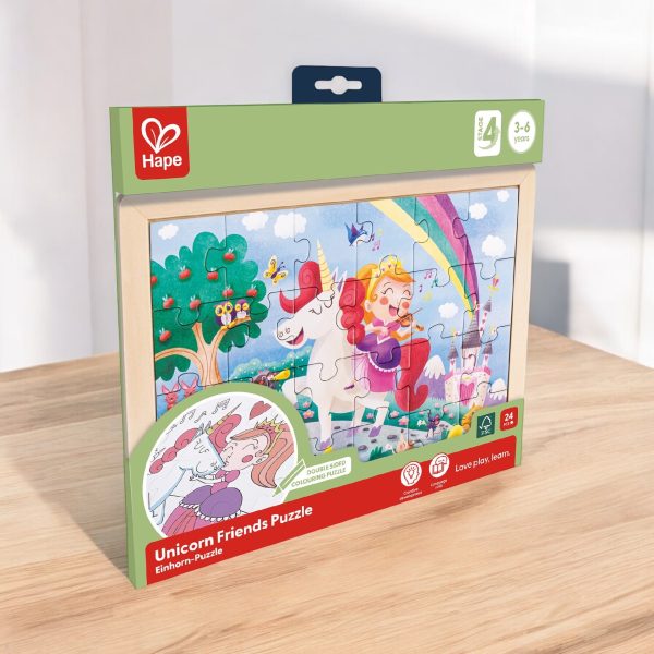 Puzzle din lemn 2 in 1 – Unicorn (26 piese), cu fata dubla si activitate colorare.